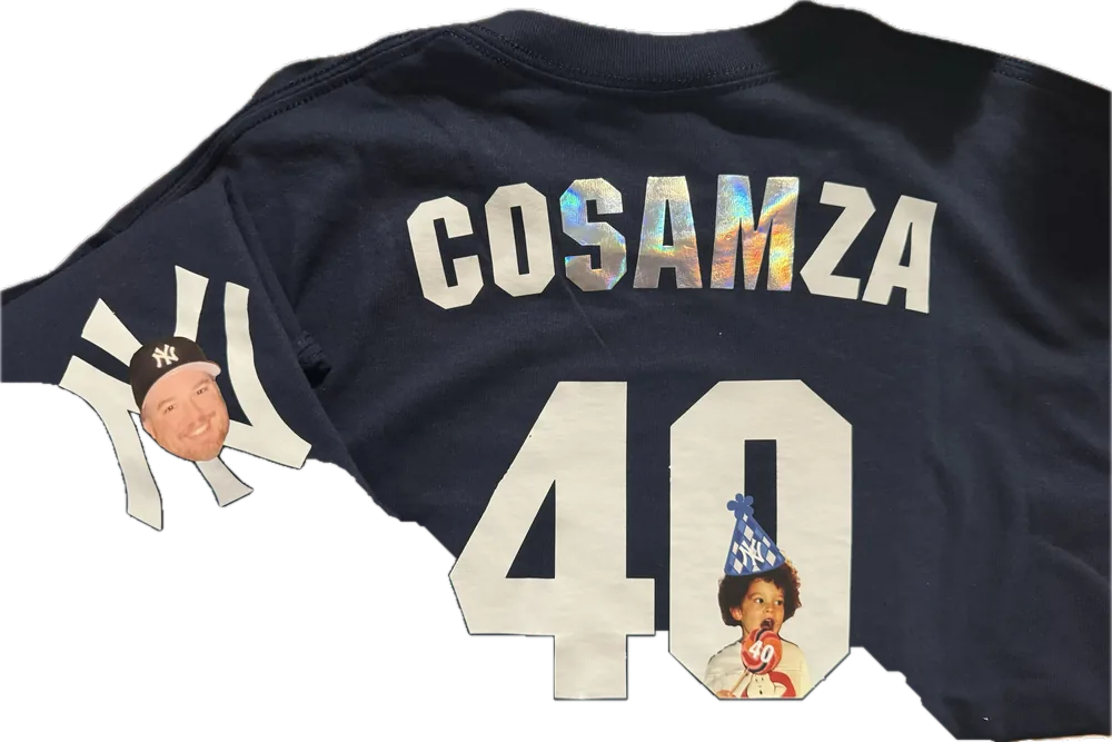 A navy baseball-style tee customized with a surname, the number 40, and small photographed faces worked into the lettering.