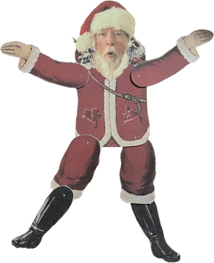 A jointed paper doll dressed as Santa, with movable arms and legs.