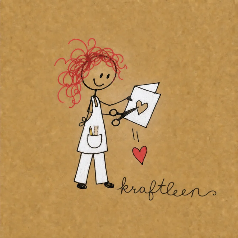 The Kraftleen mascot: a stick figure in a craft apron with a pencil and ruler in the pocket and loose red scribble hair, cutting a red heart out of a folded card. Her name is written in cursive thread by her feet.